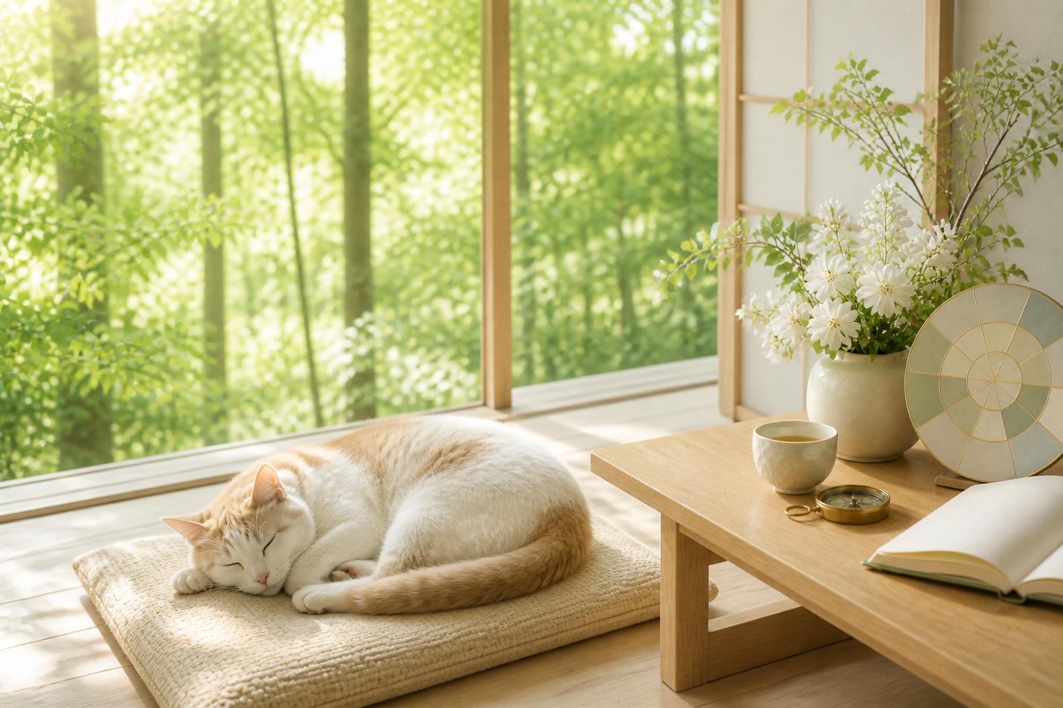 爽やかな自然光の中で気持ちよさそうにお昼寝する猫